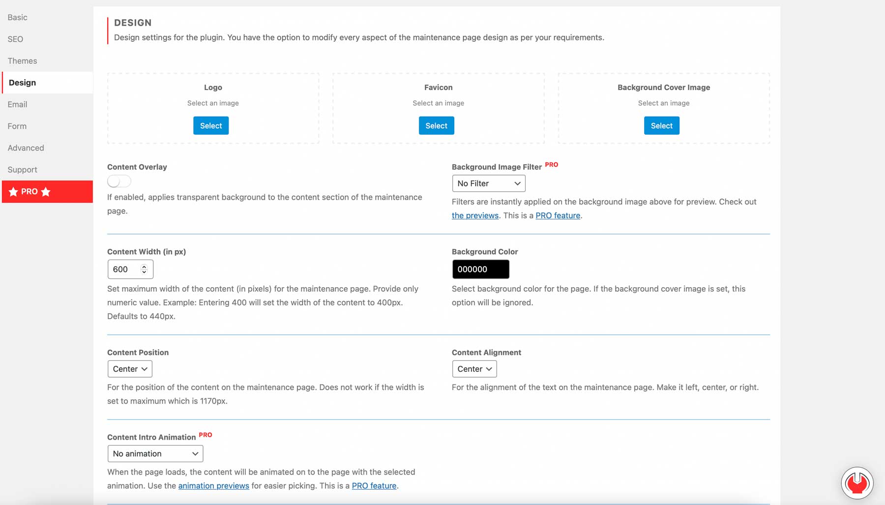 Minimal Coming Soon design settings