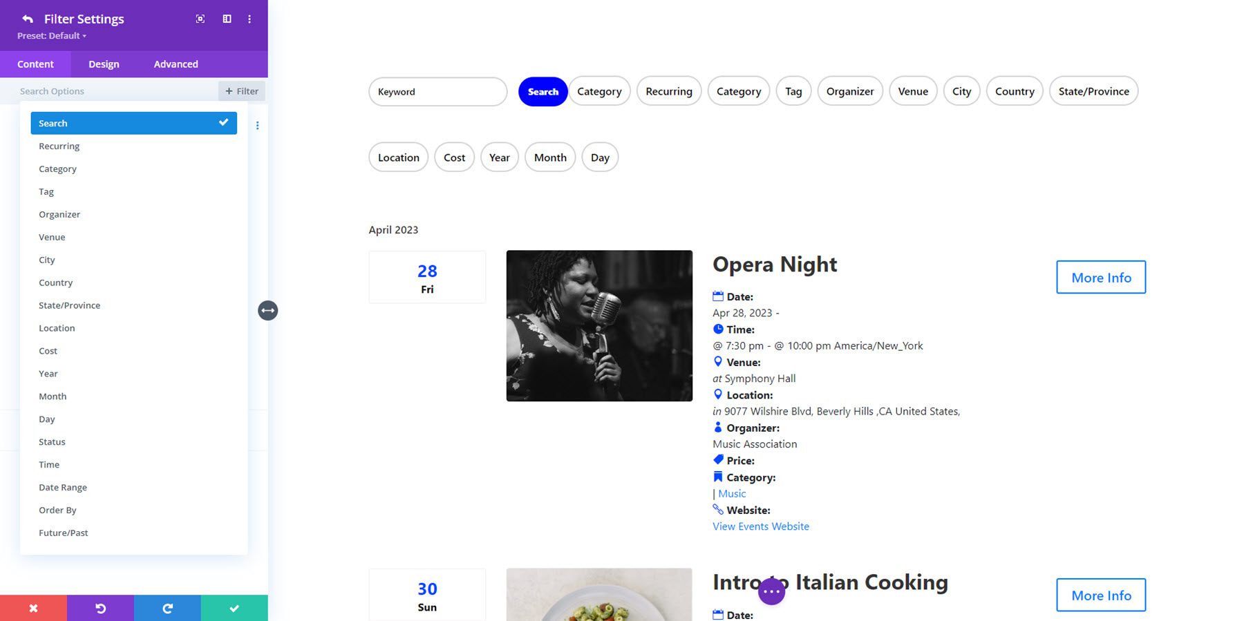 Divi Events Calendar Filter Types