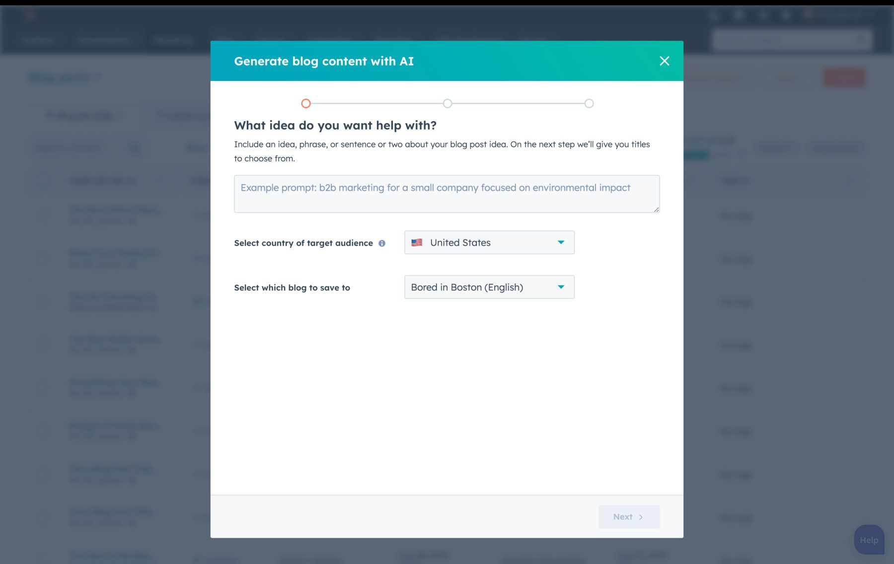 Hubspot AI writer Prompt Screen