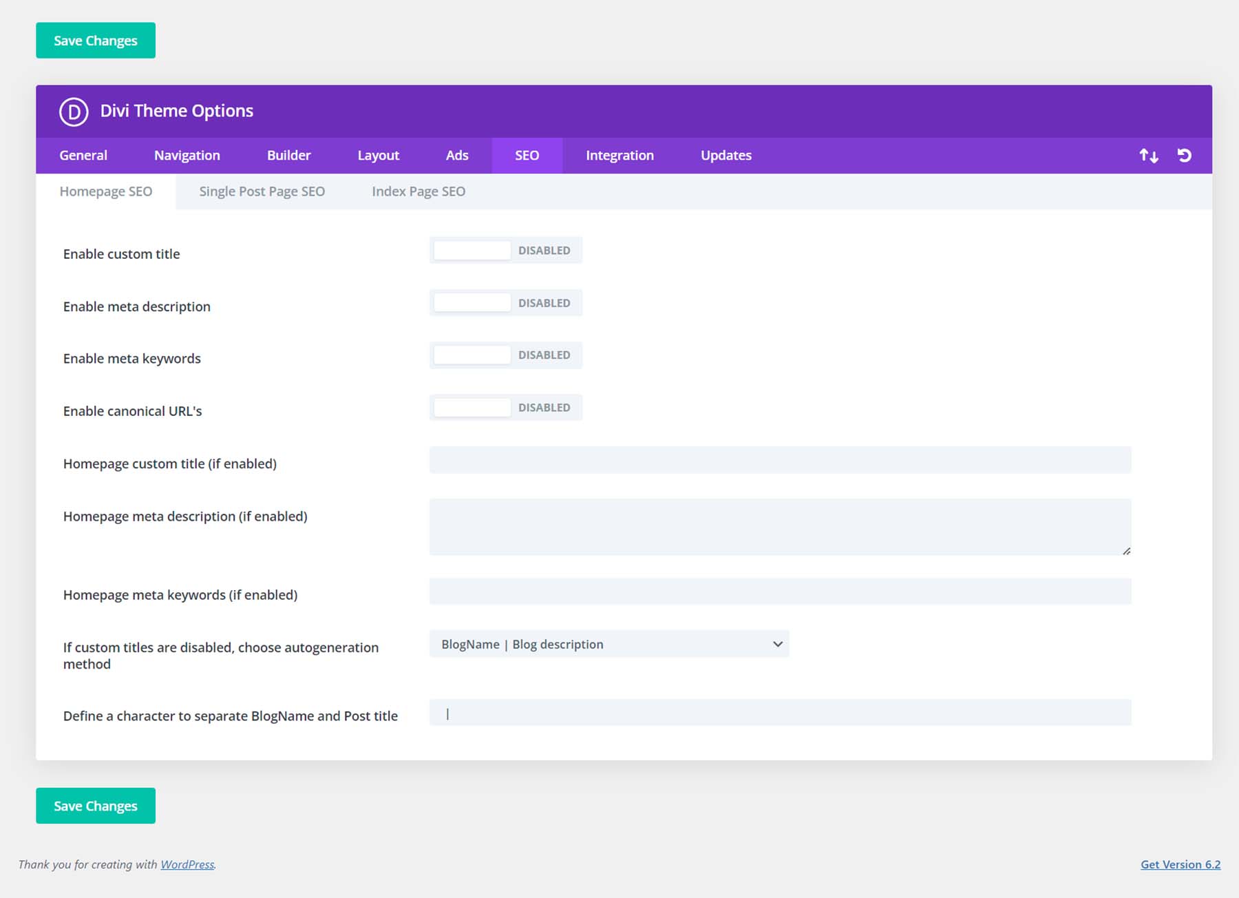 Divi's SEO settings