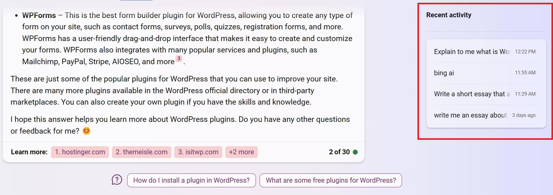Bing AI Recet Activity