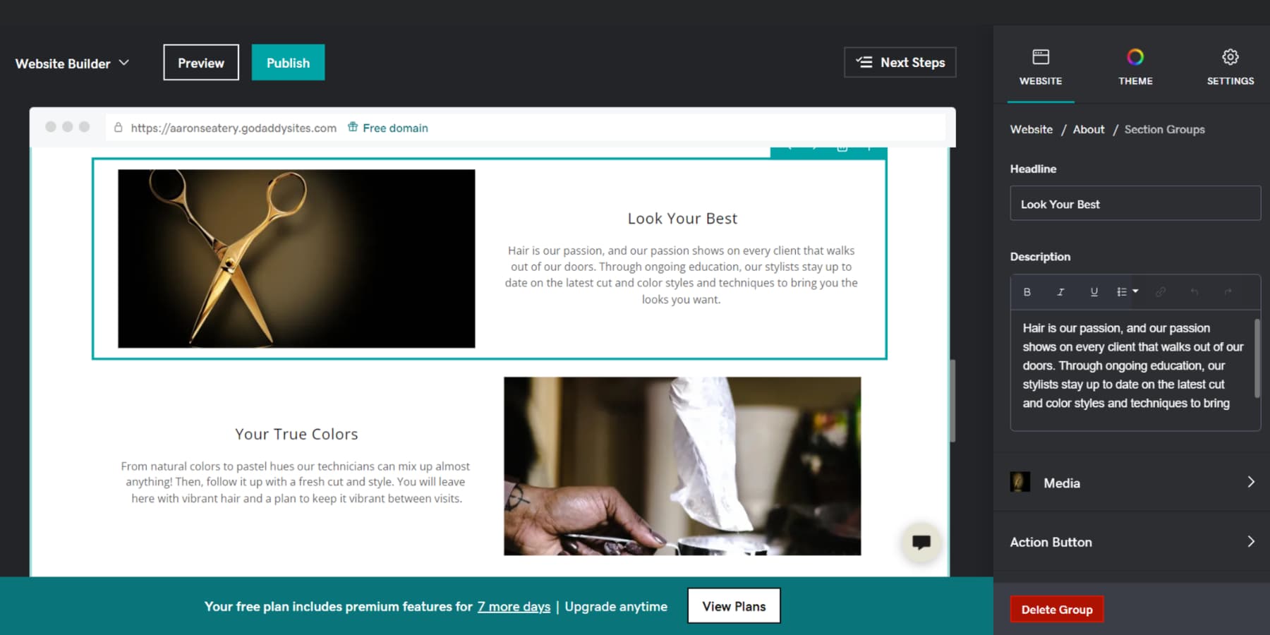 A screenshot of Godaddy Website Builder's Editor