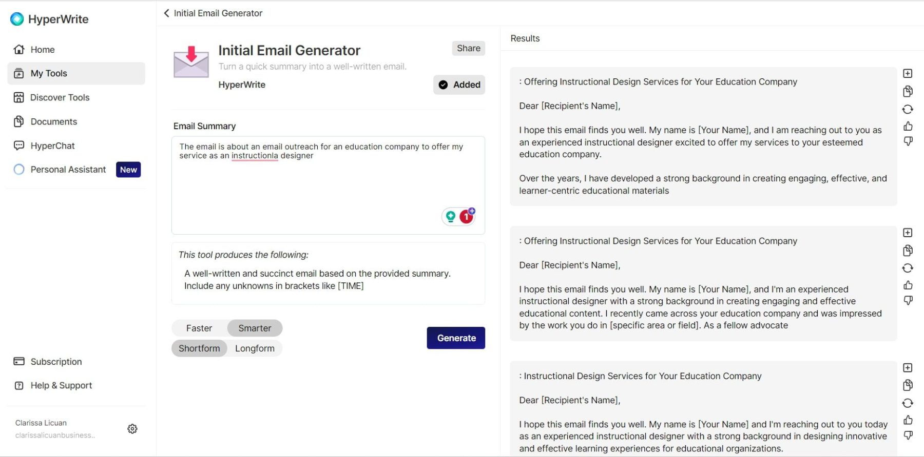 Hyperwrite Initial Email Generator