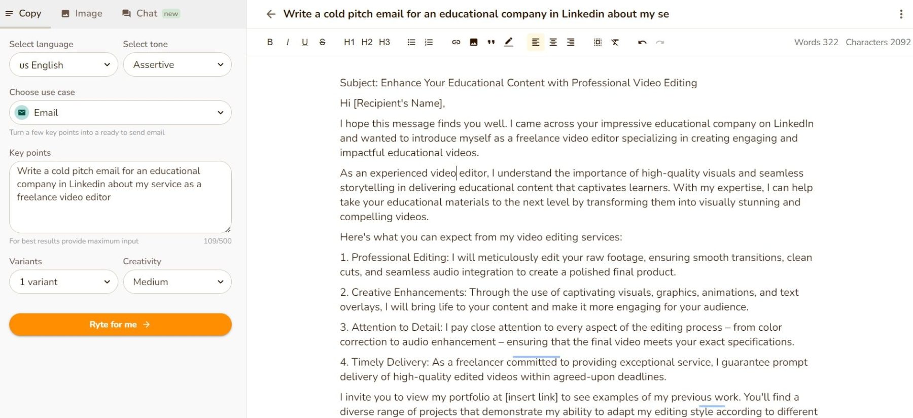 Rytr generating a cold email outreach