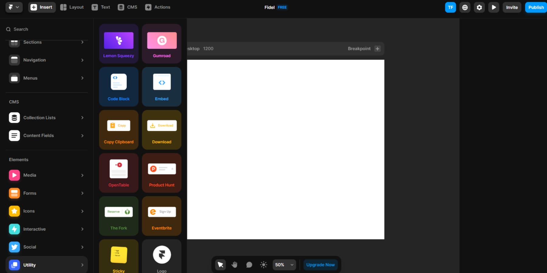 A screenshot of Framer's Insert Elements