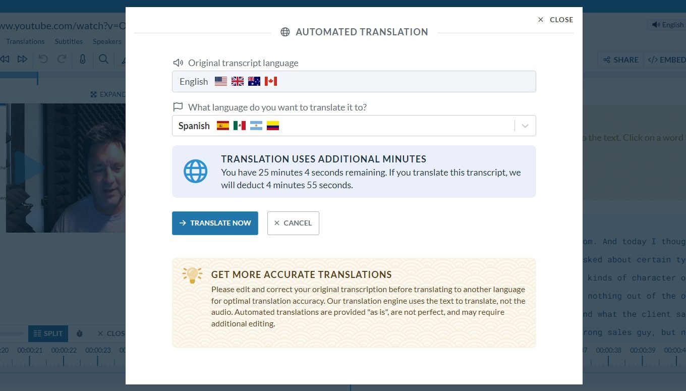 Automated Translation feature -Sonix