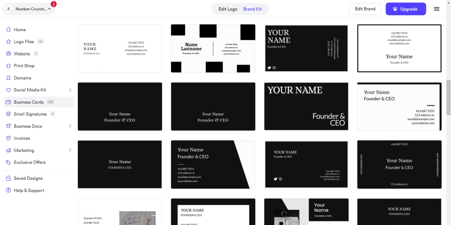 A screenshot of Looka Generating Visiting Cards