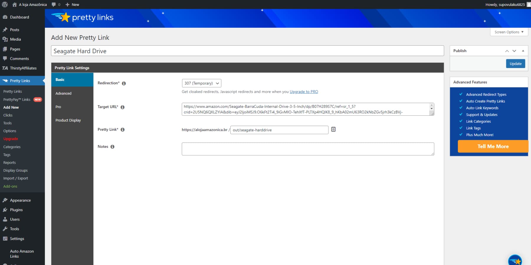 A screenshot of Pretty Links' User Interface