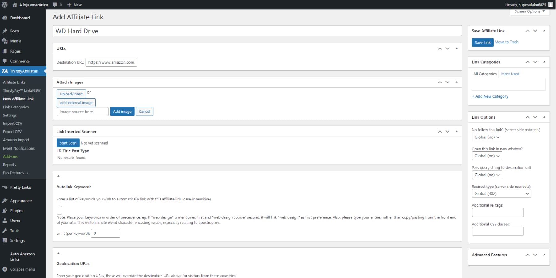 A screenshot of ThirstyAffiliates' User Interface