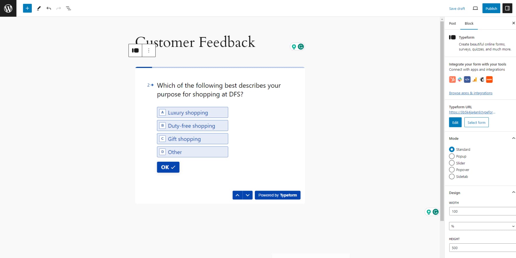 A screenshot of TypeForms' integration with WordPress