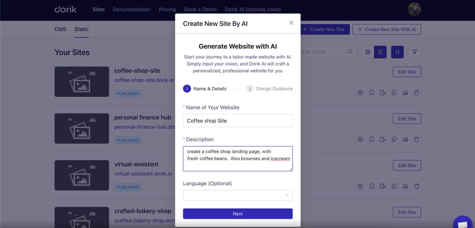 Dorik Website Generation from Prompt