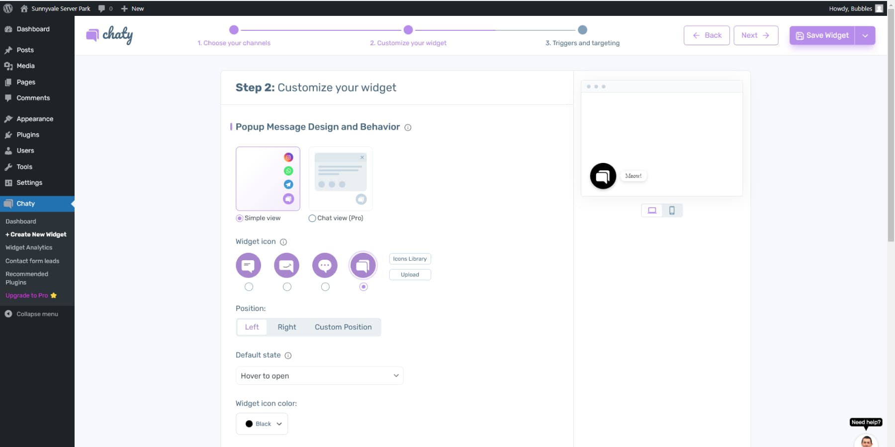 A screenshot of Chaty's WordPress Plugin Interface