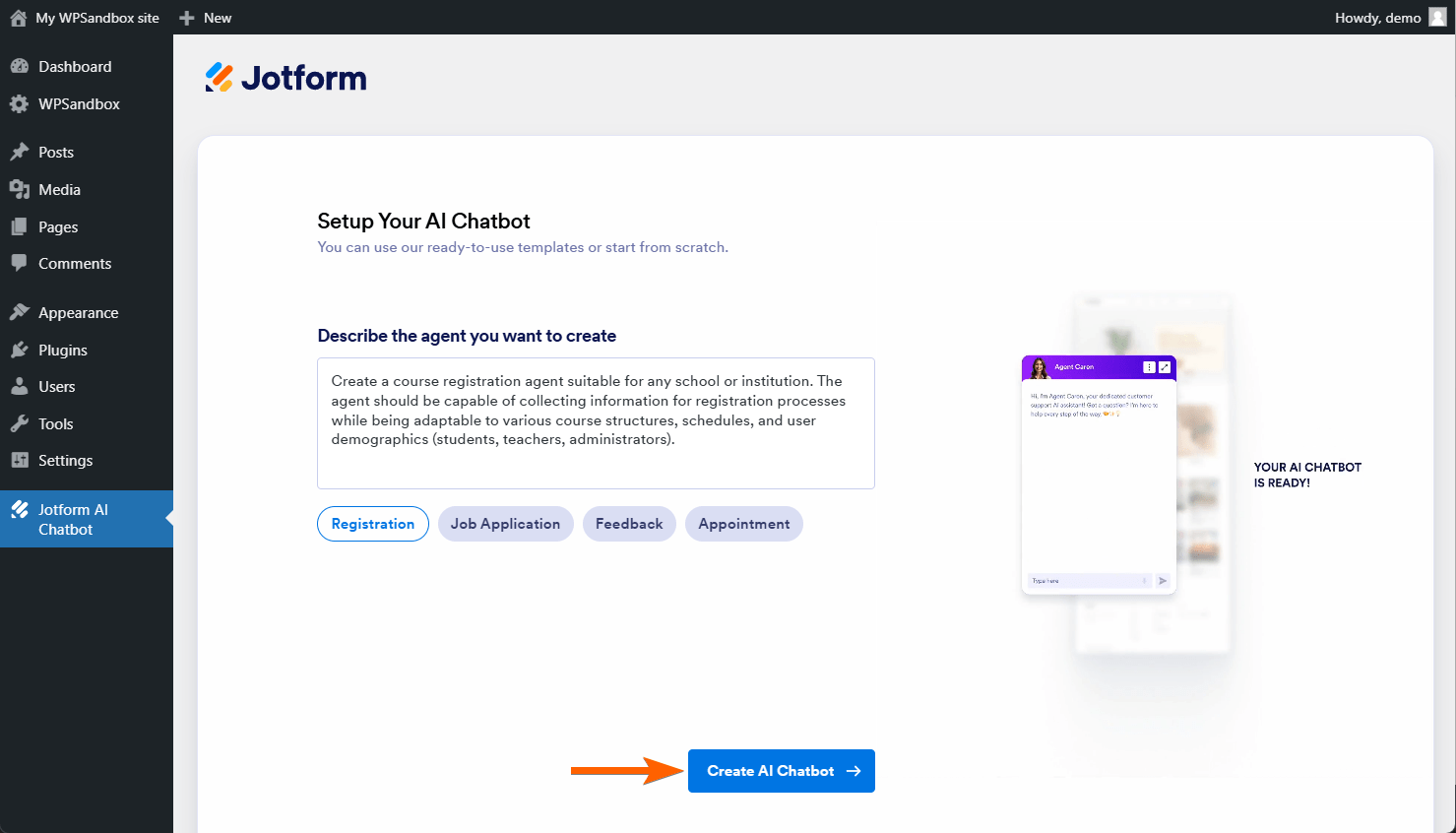 Create ai chatbot in WordPress backend with Jotform