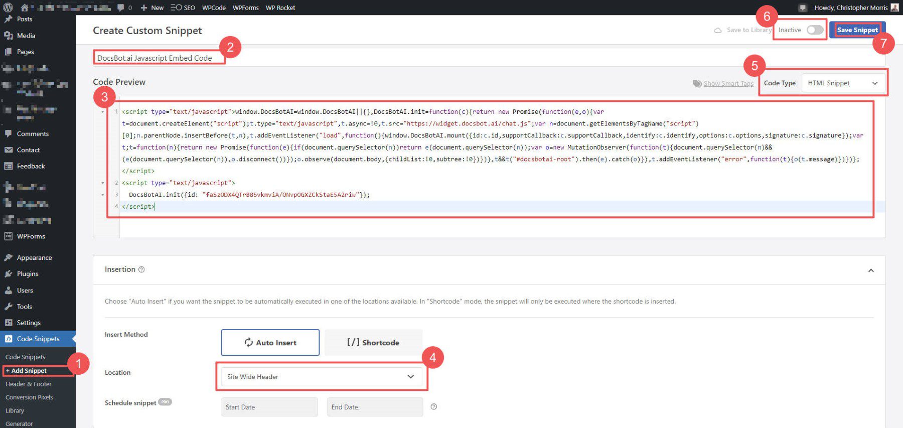 Install Chatbot to WordPress with WPCode - Steps 1-7