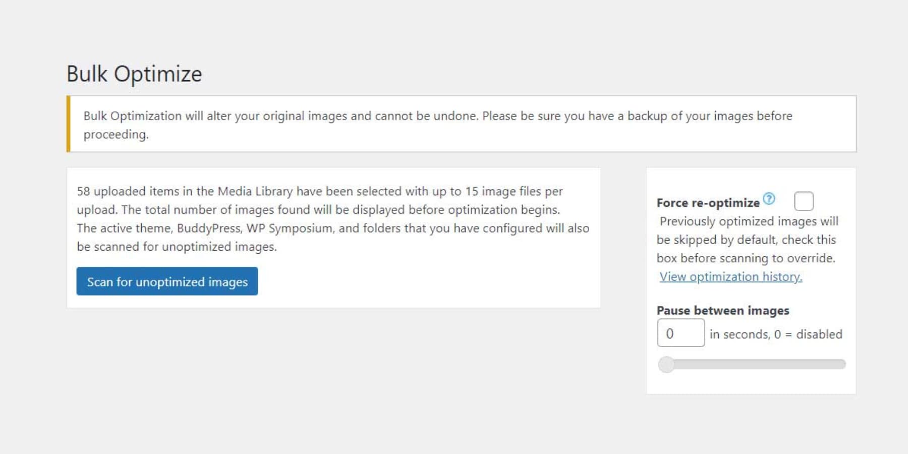 A screenshot of EWWW's user interface
