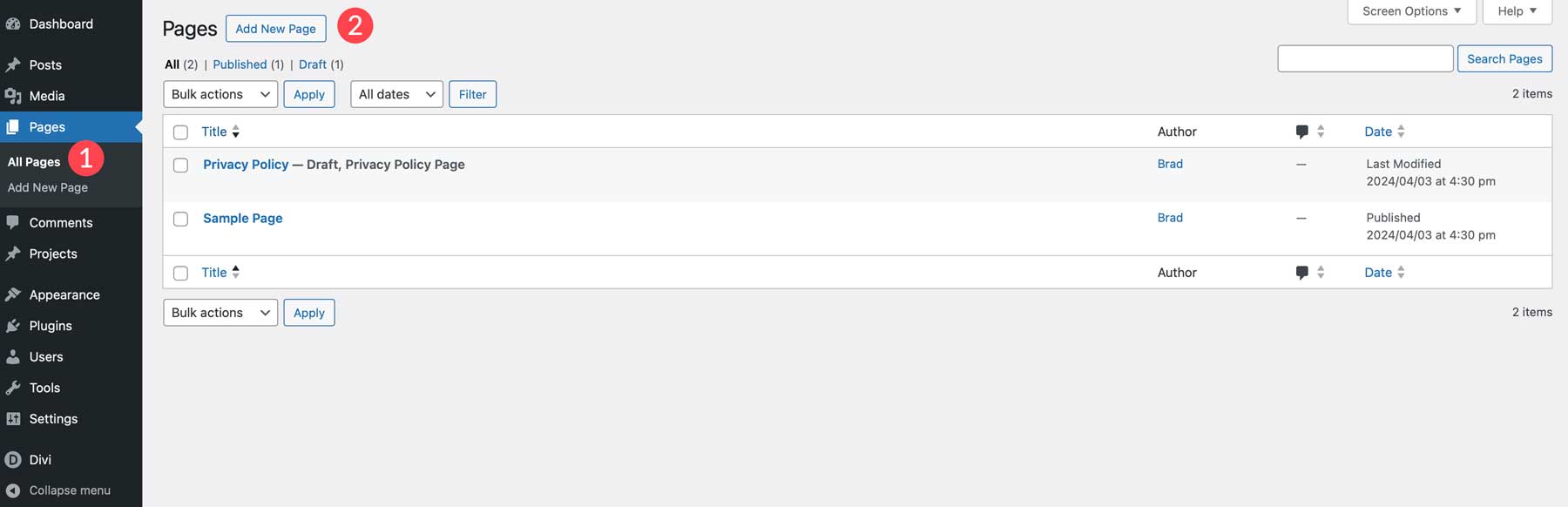 add new WordPress page with Divi