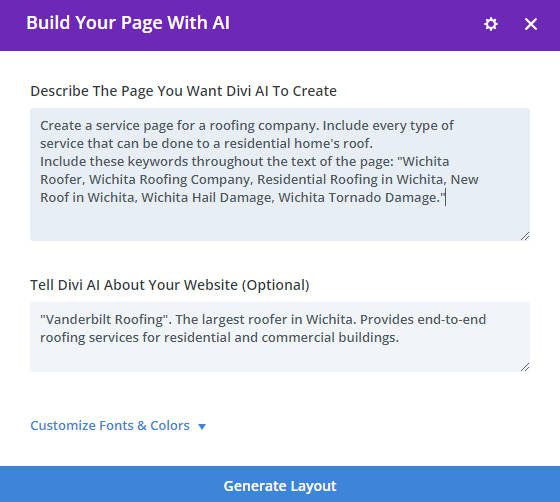 Include SEO Keywords in Divi Layouts AI Prompt - Prompt Example