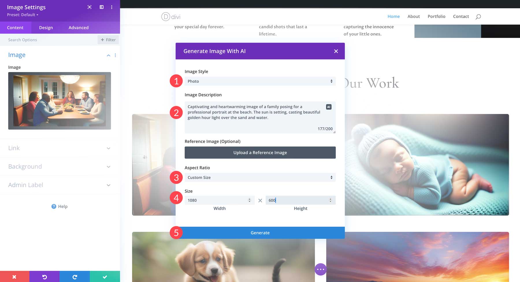 Divi Image AI text prompt