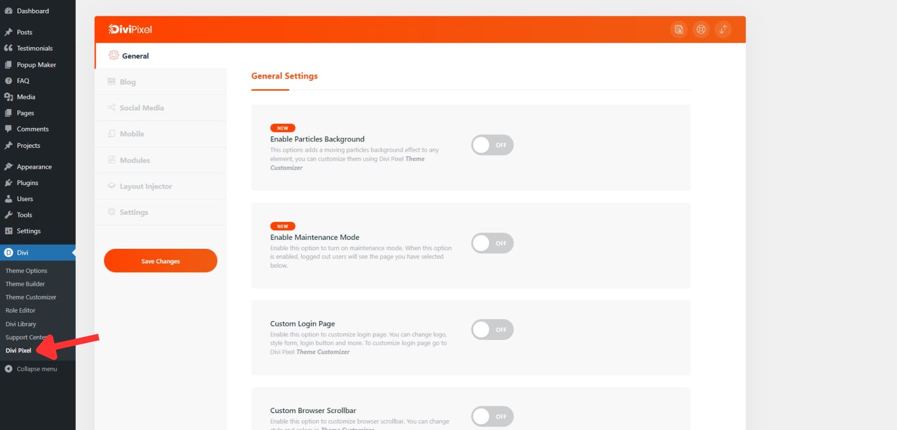 A screenshot of Divi Pixel's Settings with instructions on how to locate it