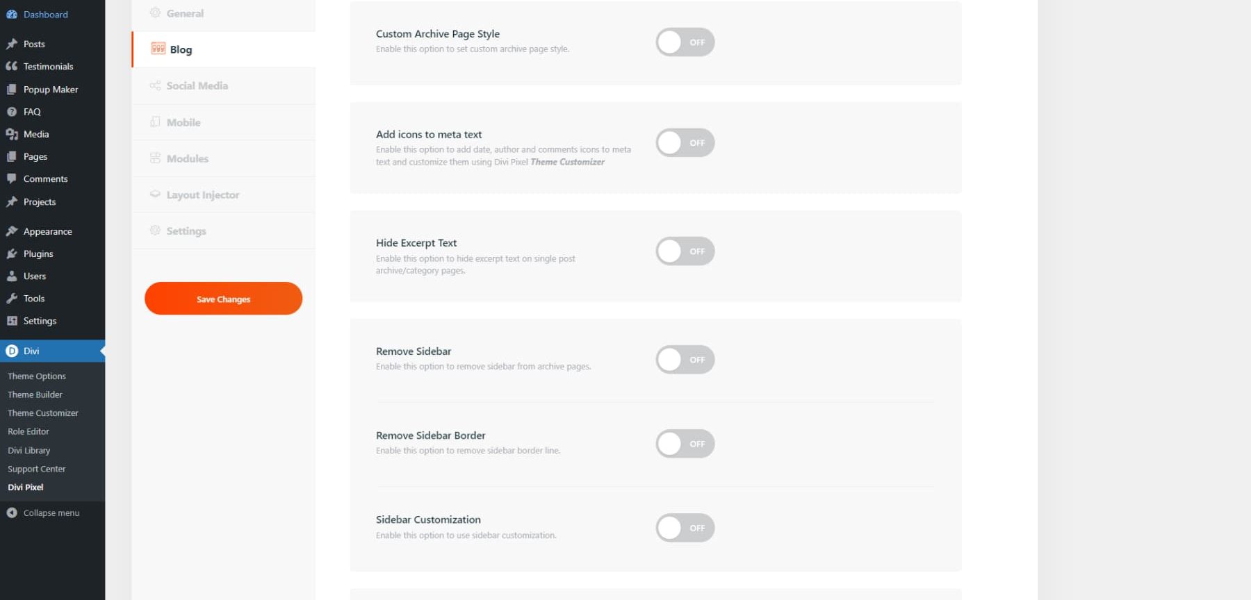 A screenshot of Divi Pixel's settings' blog tab