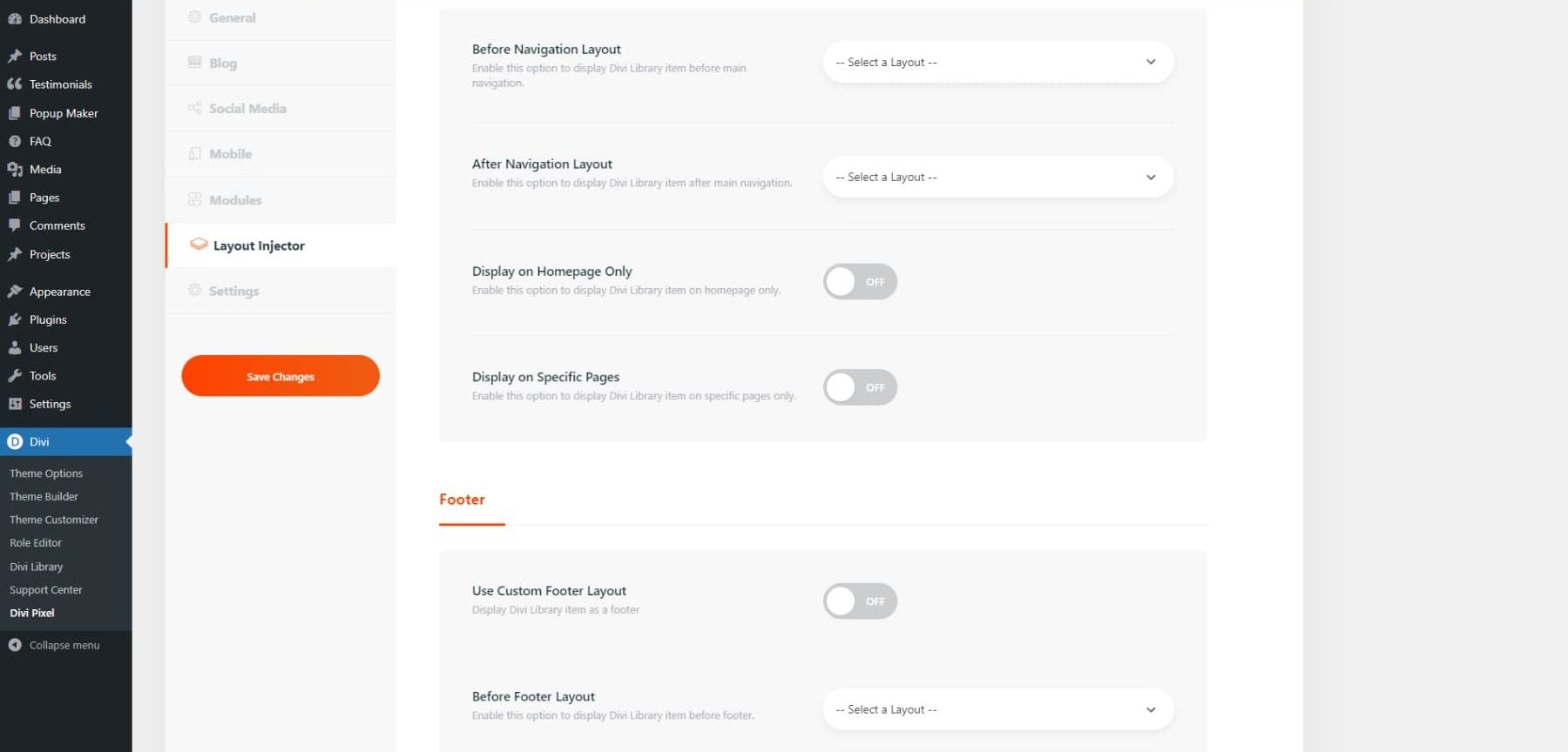 A screenshot of Divi Pixel's settings' layout injector tab