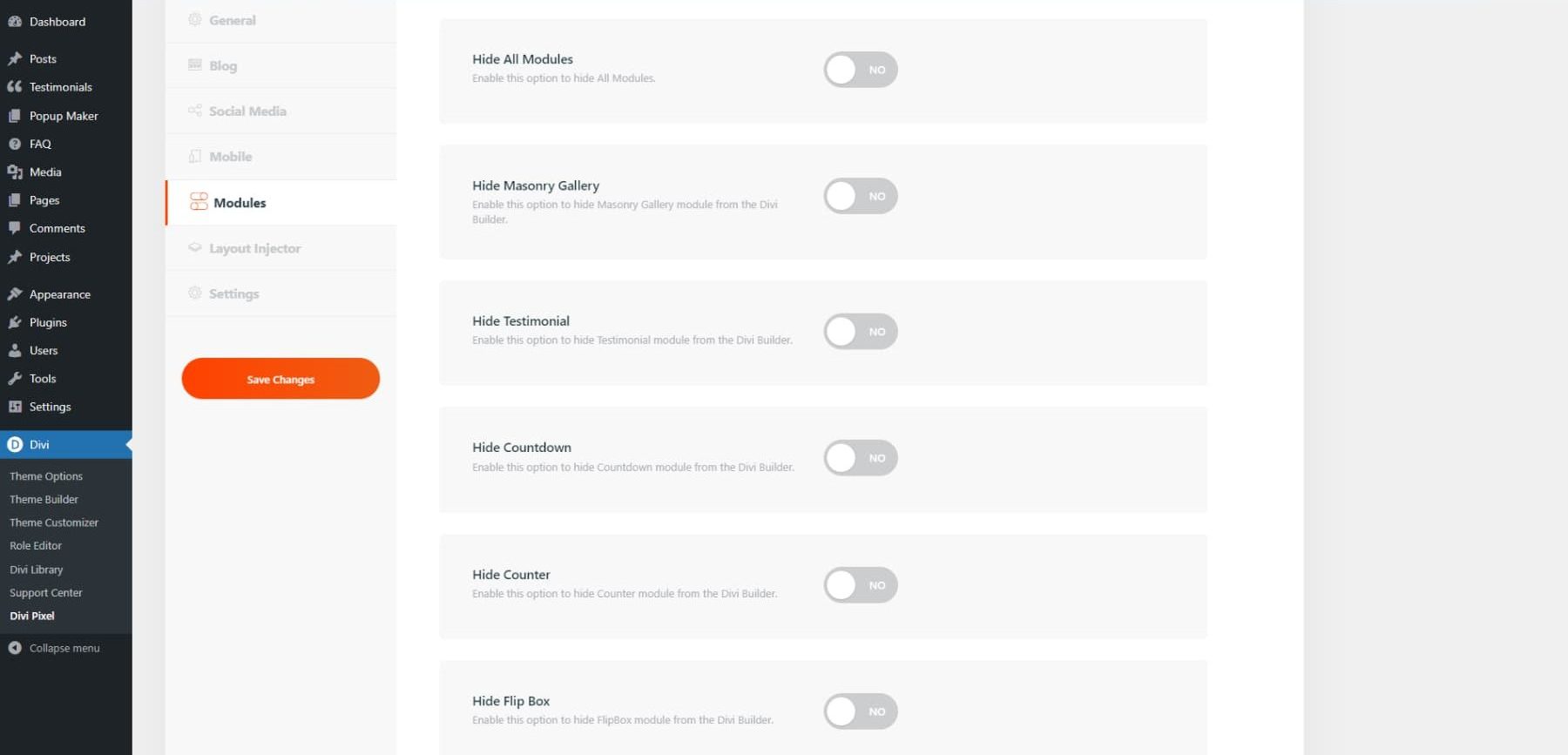 A screenshot of Divi Pixel's settings' module tab