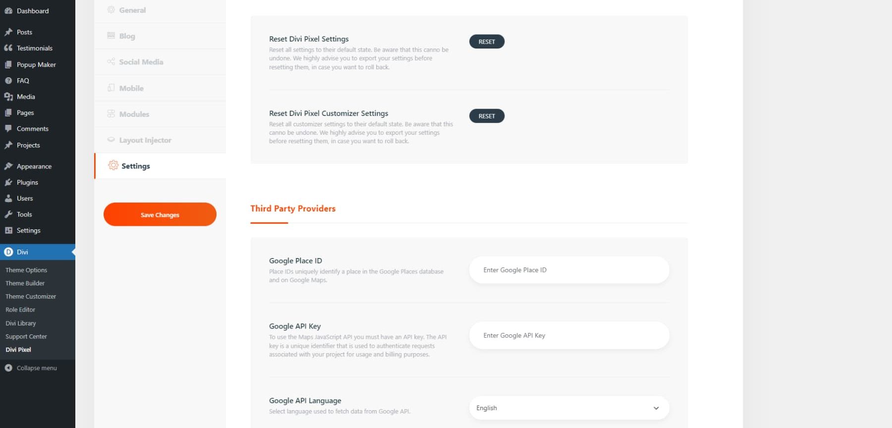 A screenshot of Divi Pixel's settings' setting tab