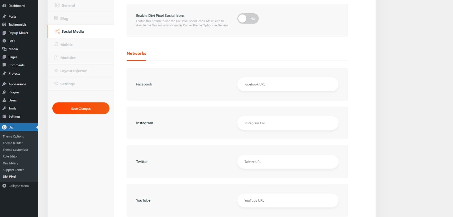 A screenshot of Divi Pixel's settings' social media tab