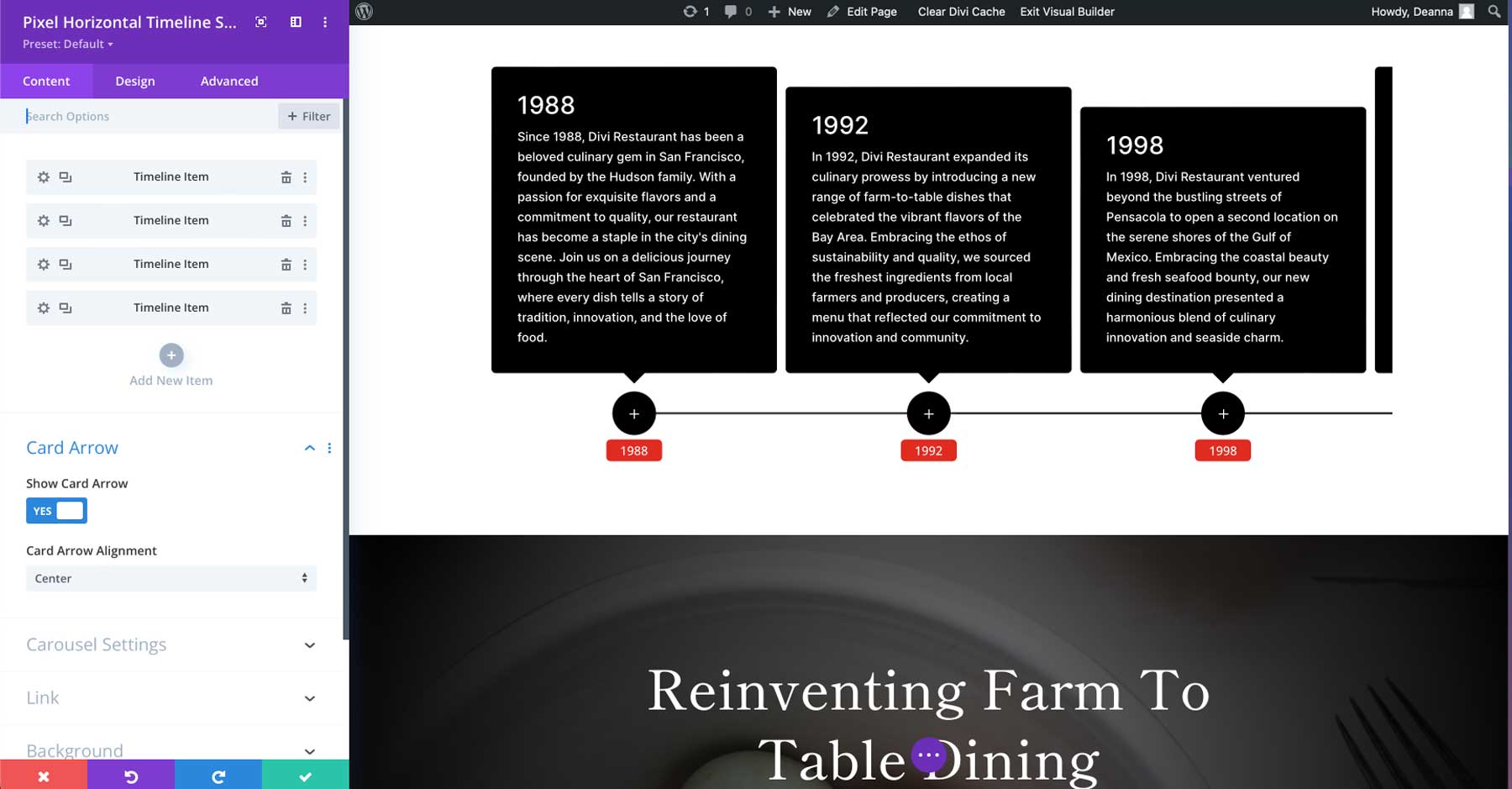 Divi Pixel horizontal timeline module