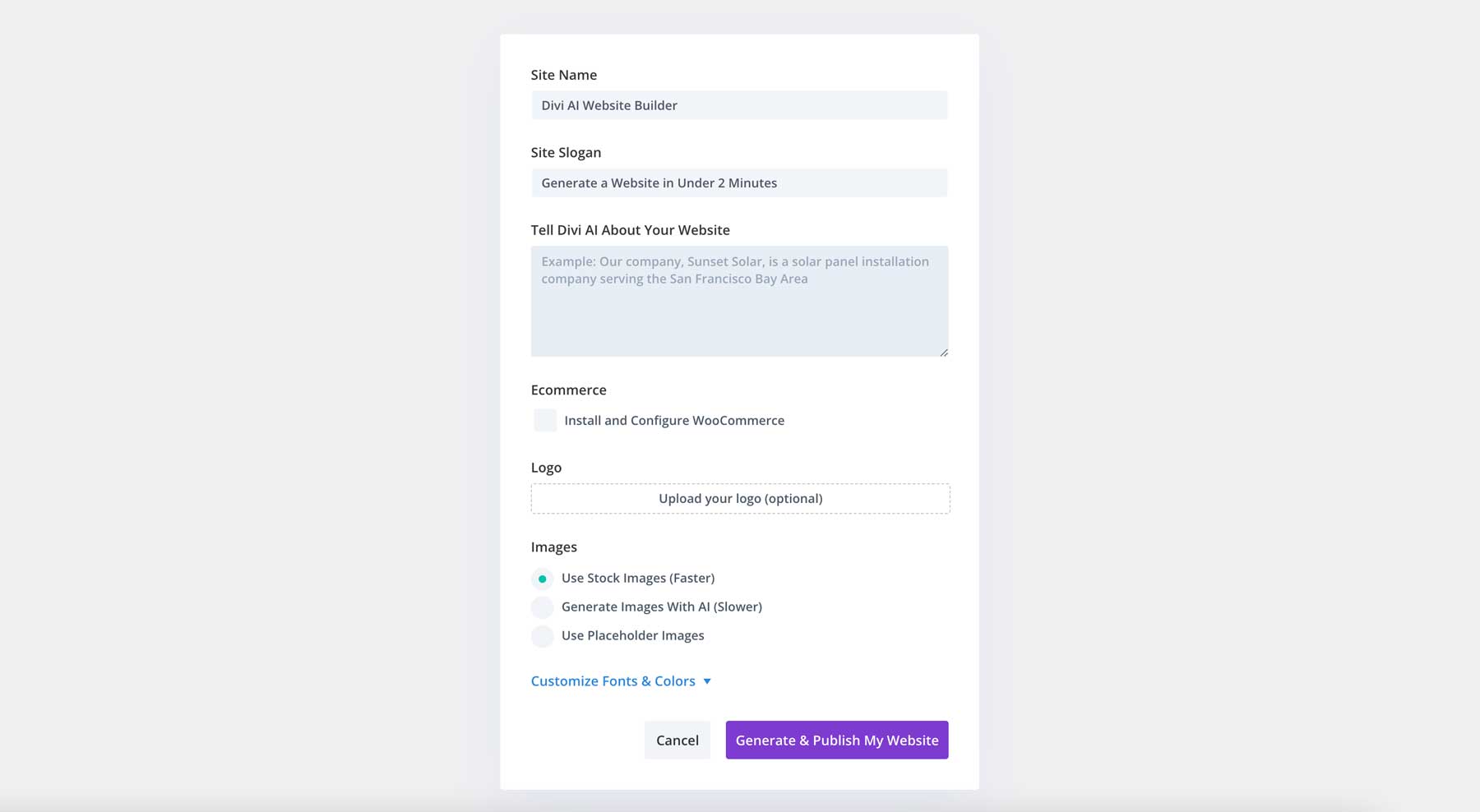 generate a Divi website