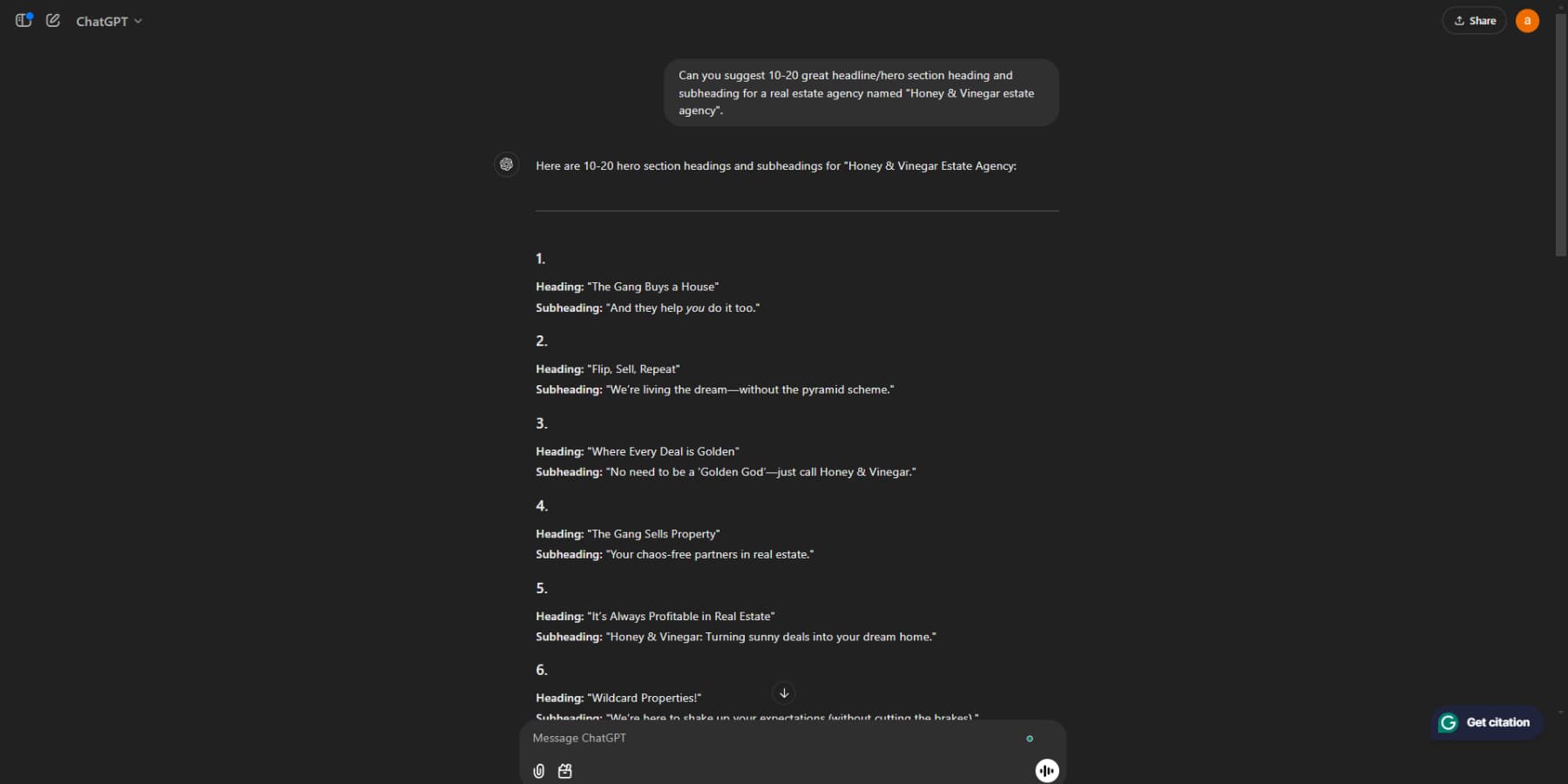 A screenshot of ChatGPT generating great copy for websites