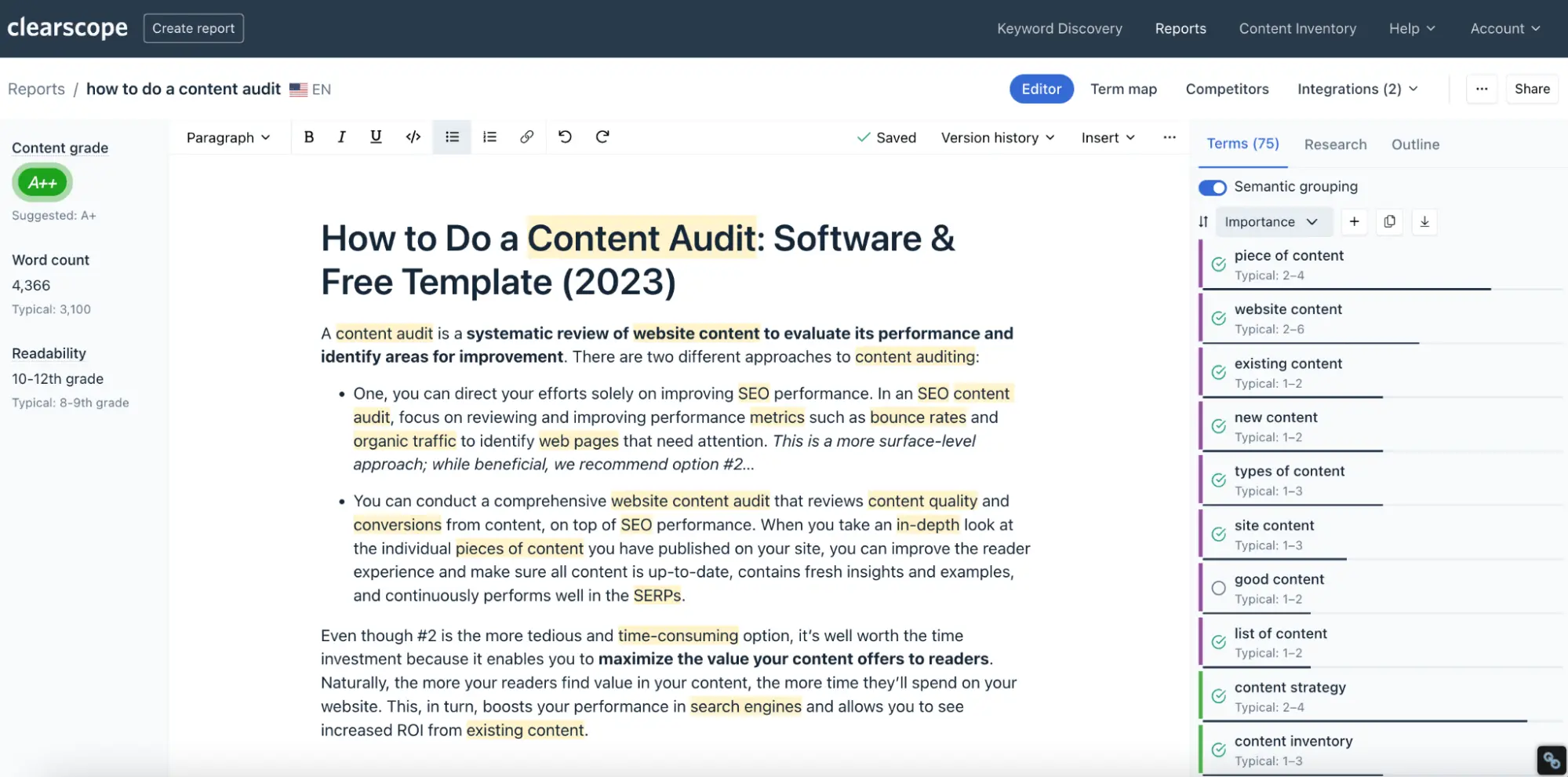Clearscope Document NPL Scorer for SEO