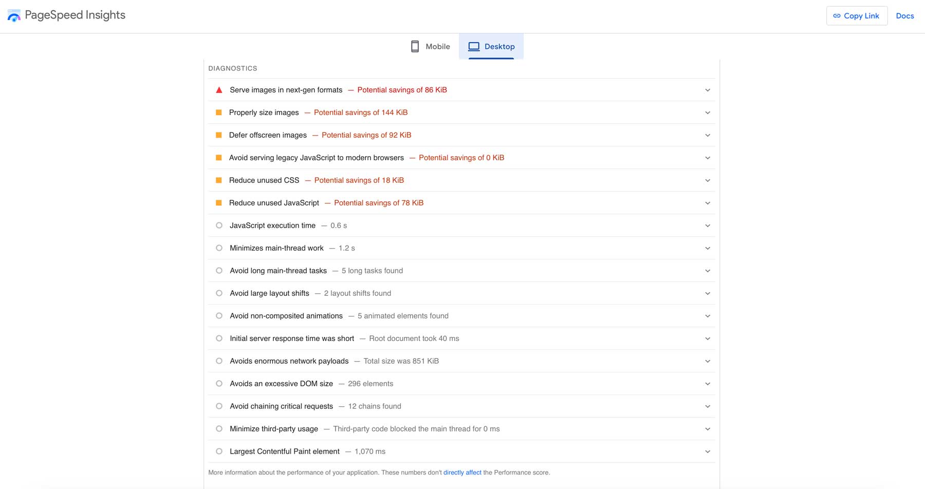 PageSpeed Insights diagnostics