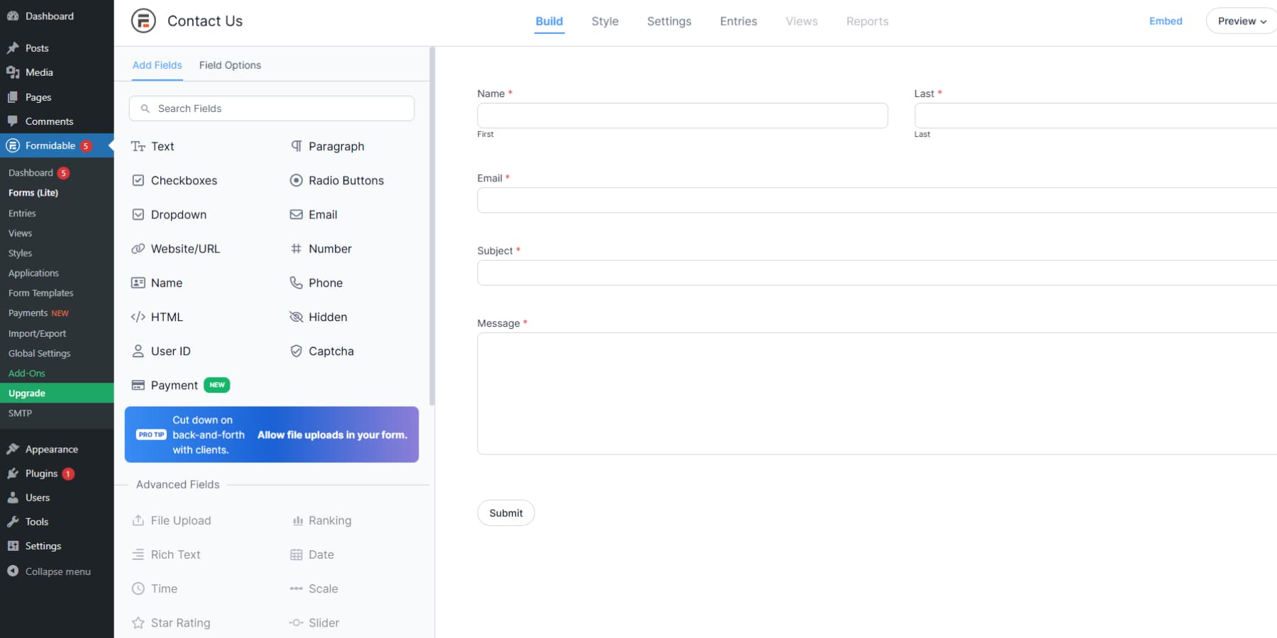 A screenshot of Formidable Forms' user interface