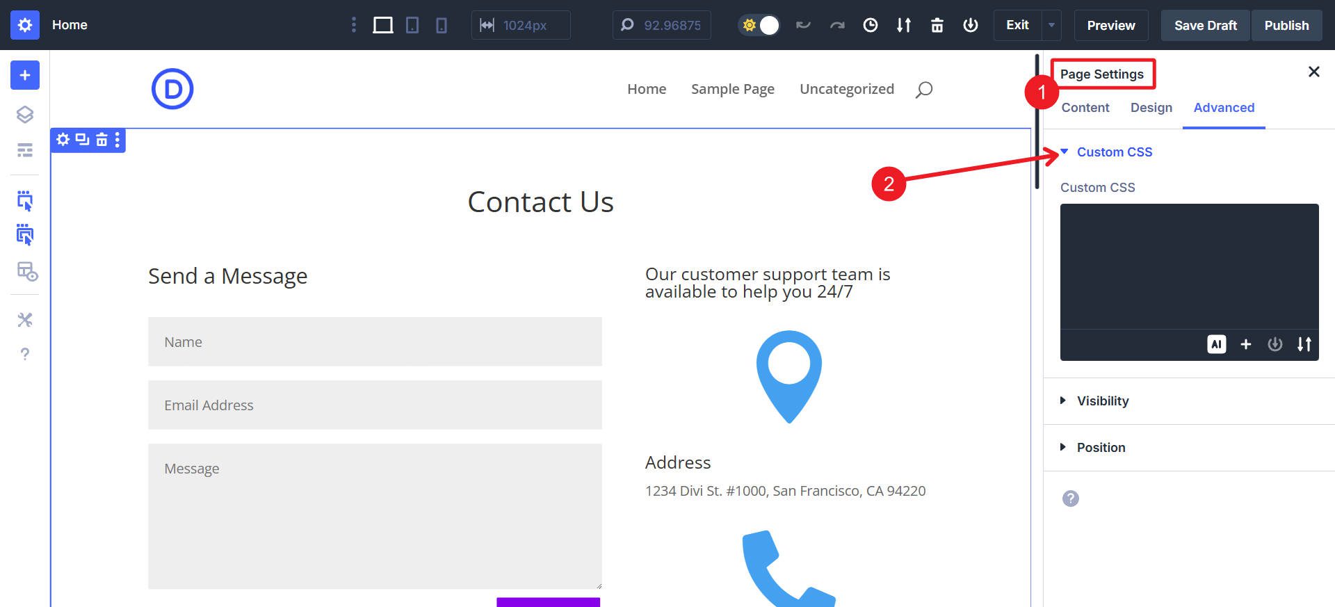 Add Custom CSS to Page Settings Custom CSS Field in Divi