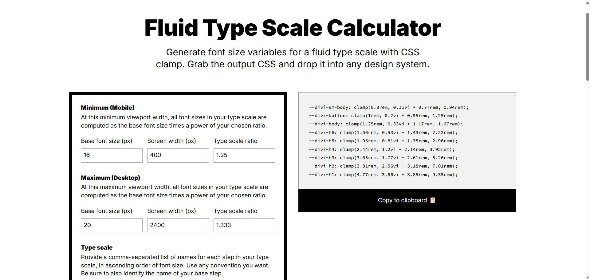 Fluid Type Scale Calculator Homepage for Clamp Style Generation