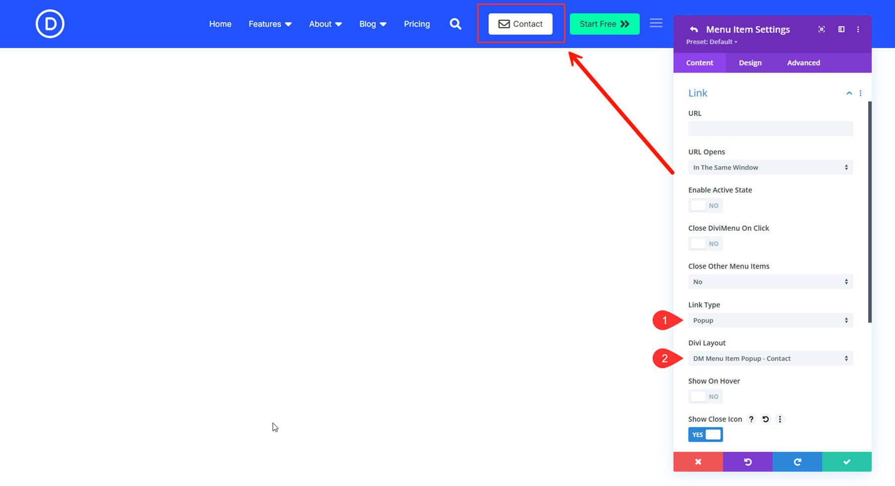 Popup Link Type Menu Item Settings
