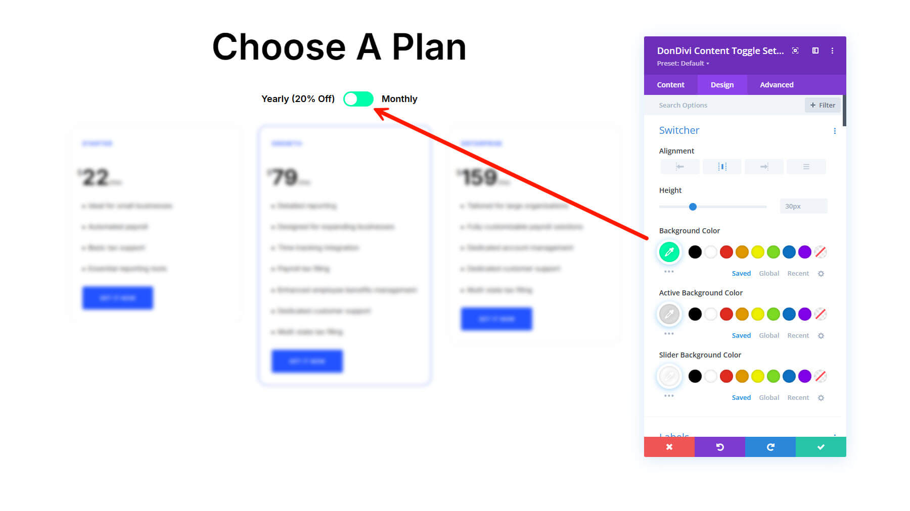 Toggle Switch Design Settings in DonDivi Content Toggle