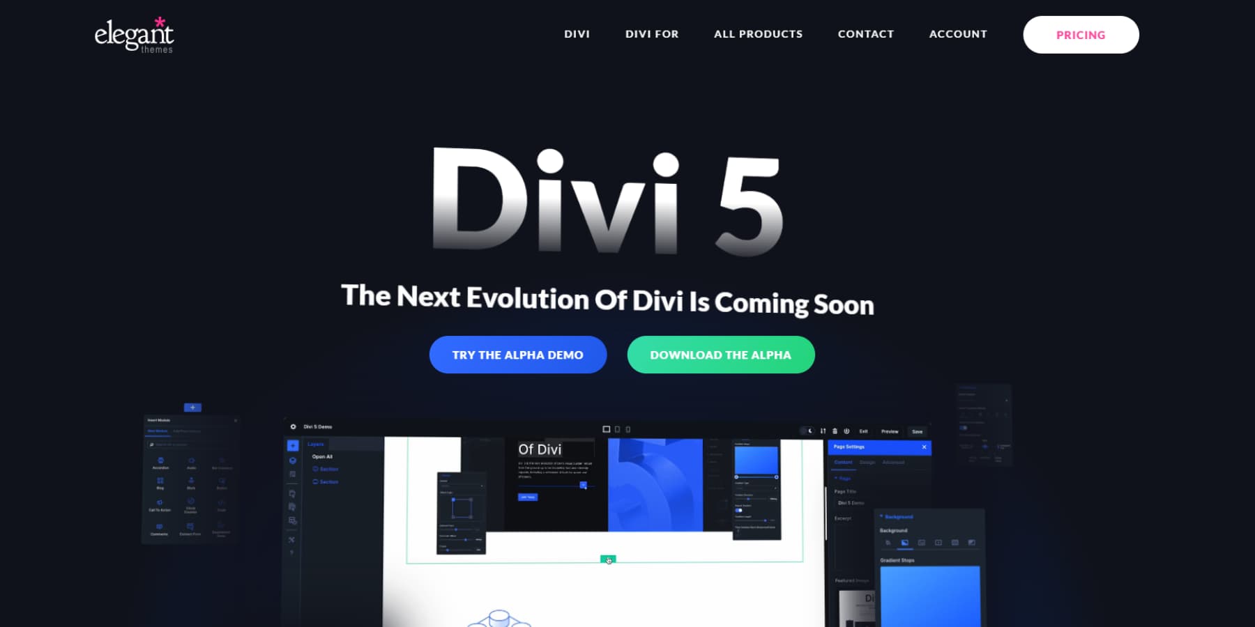 A screenshot of Divi 5's homepage