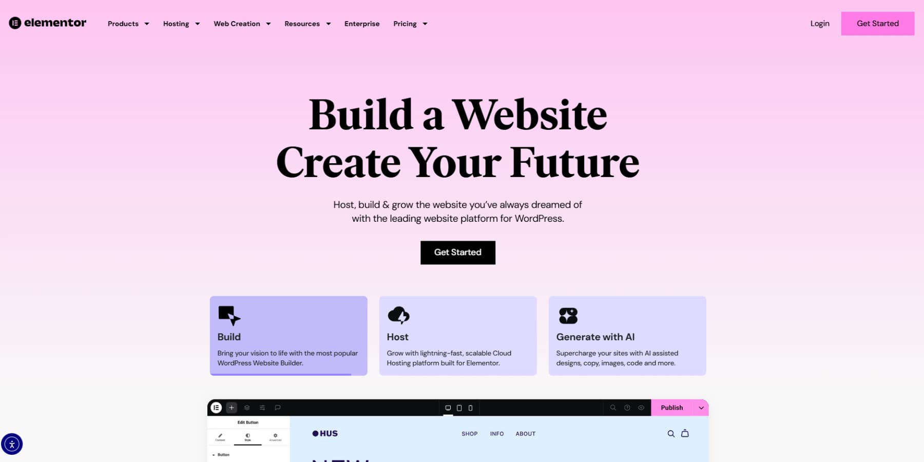A screenshot of Elementor's homepage