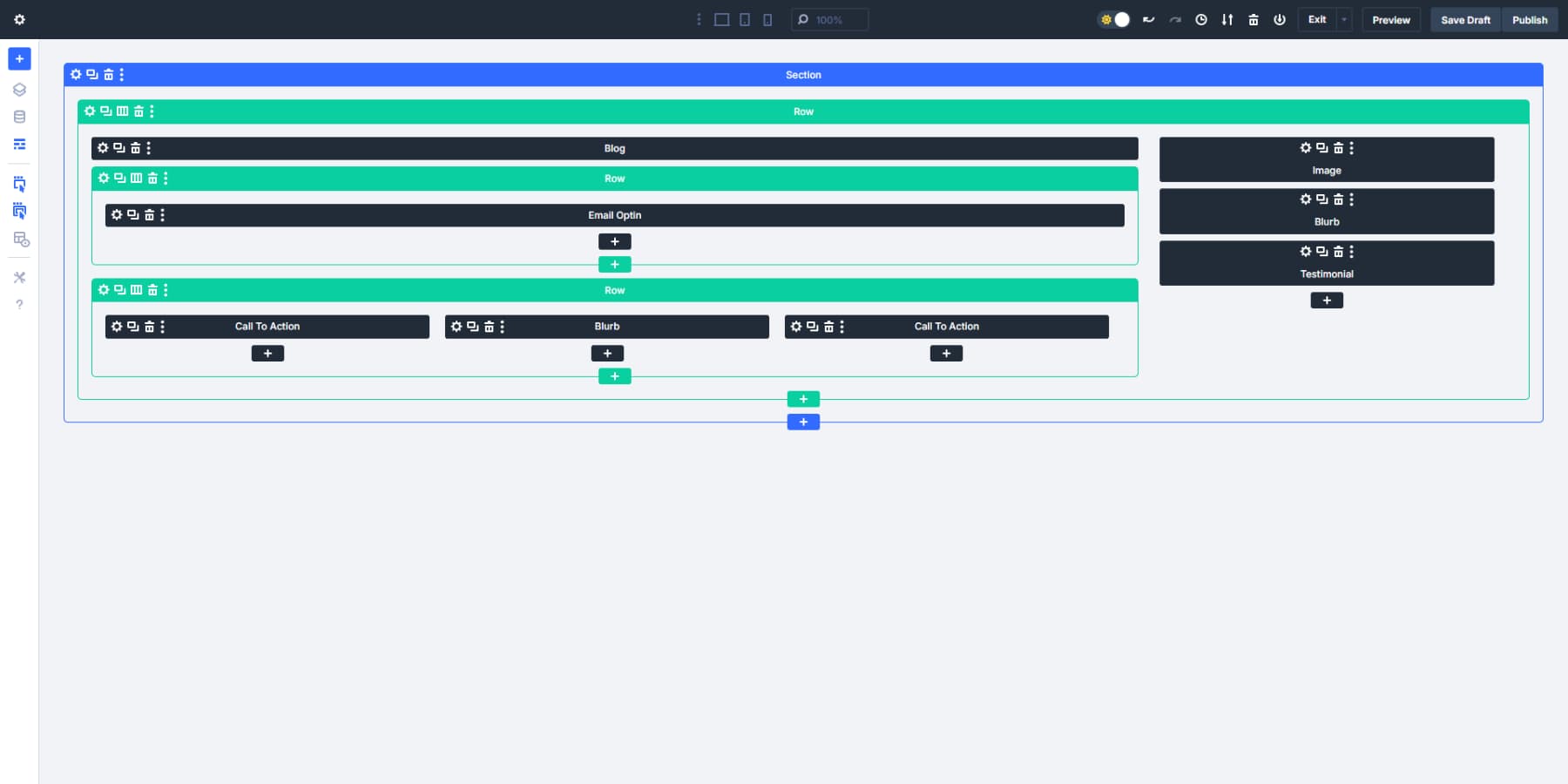 A screenshot of a relatively complicated layout in Divi 5 created with ease using nestable rows