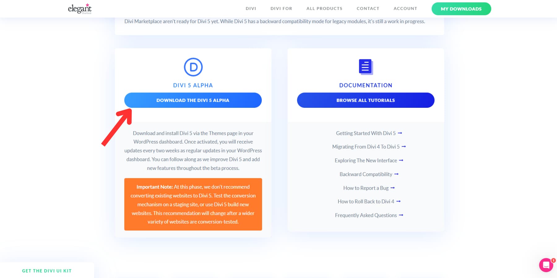 A screenshot of where to find Divi 5 alpha