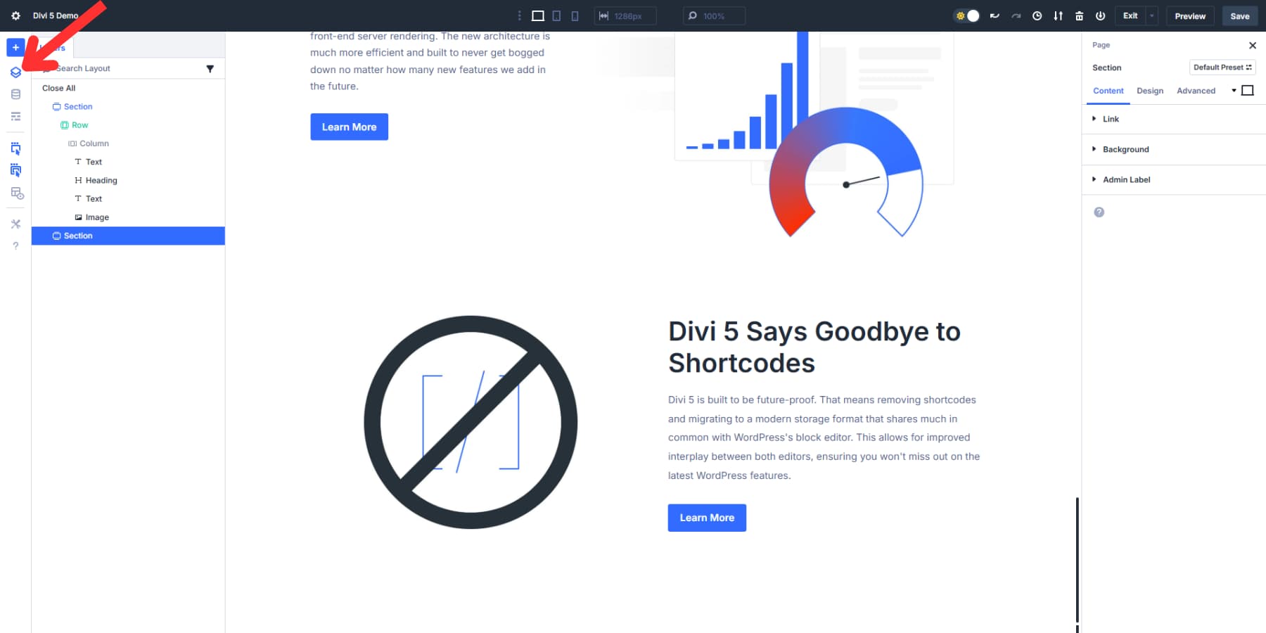 A screenshot of where to find Divi 5's layers panel