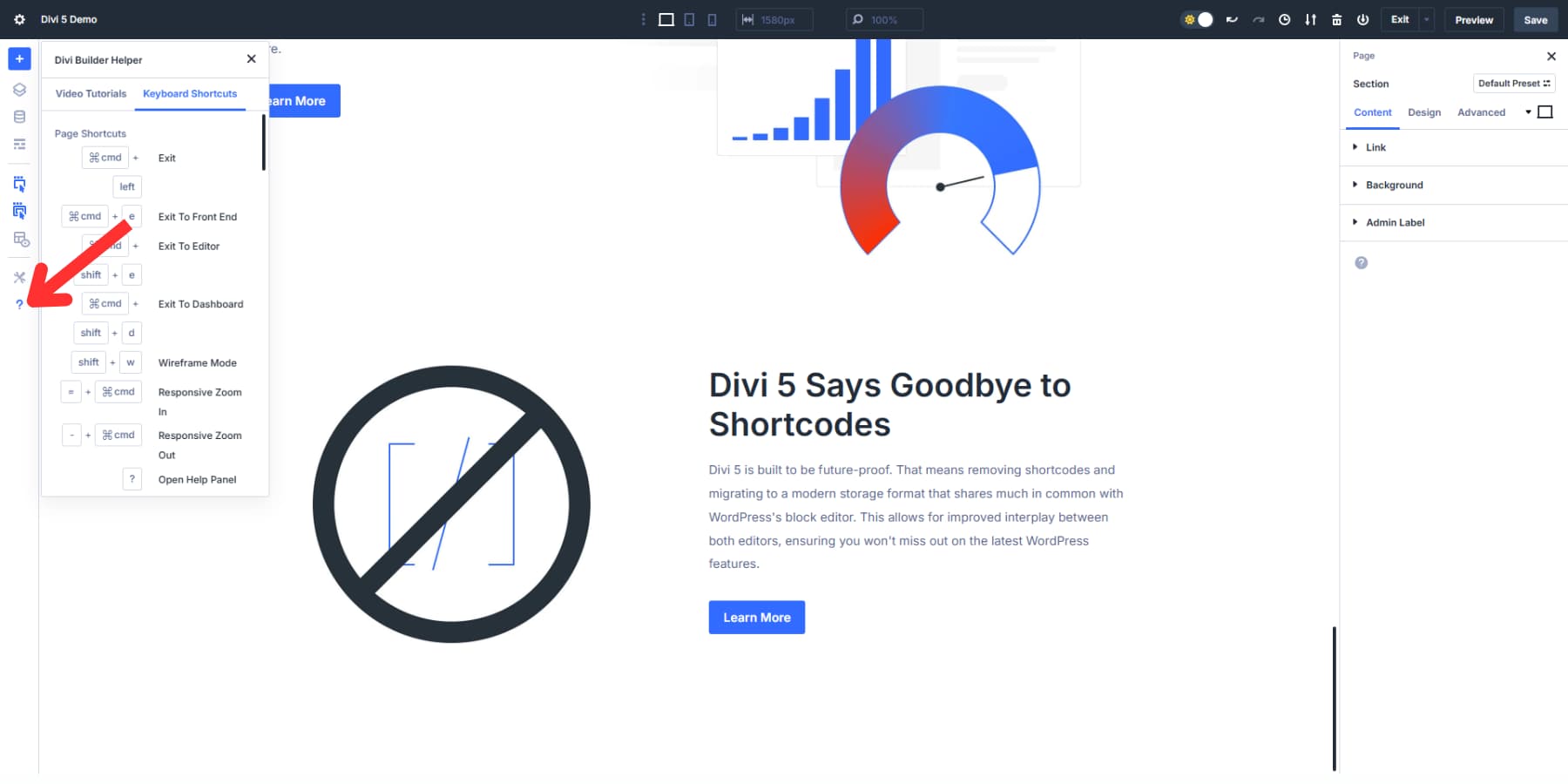 A screenshot of where to find Divi Keyboard Shortcuts