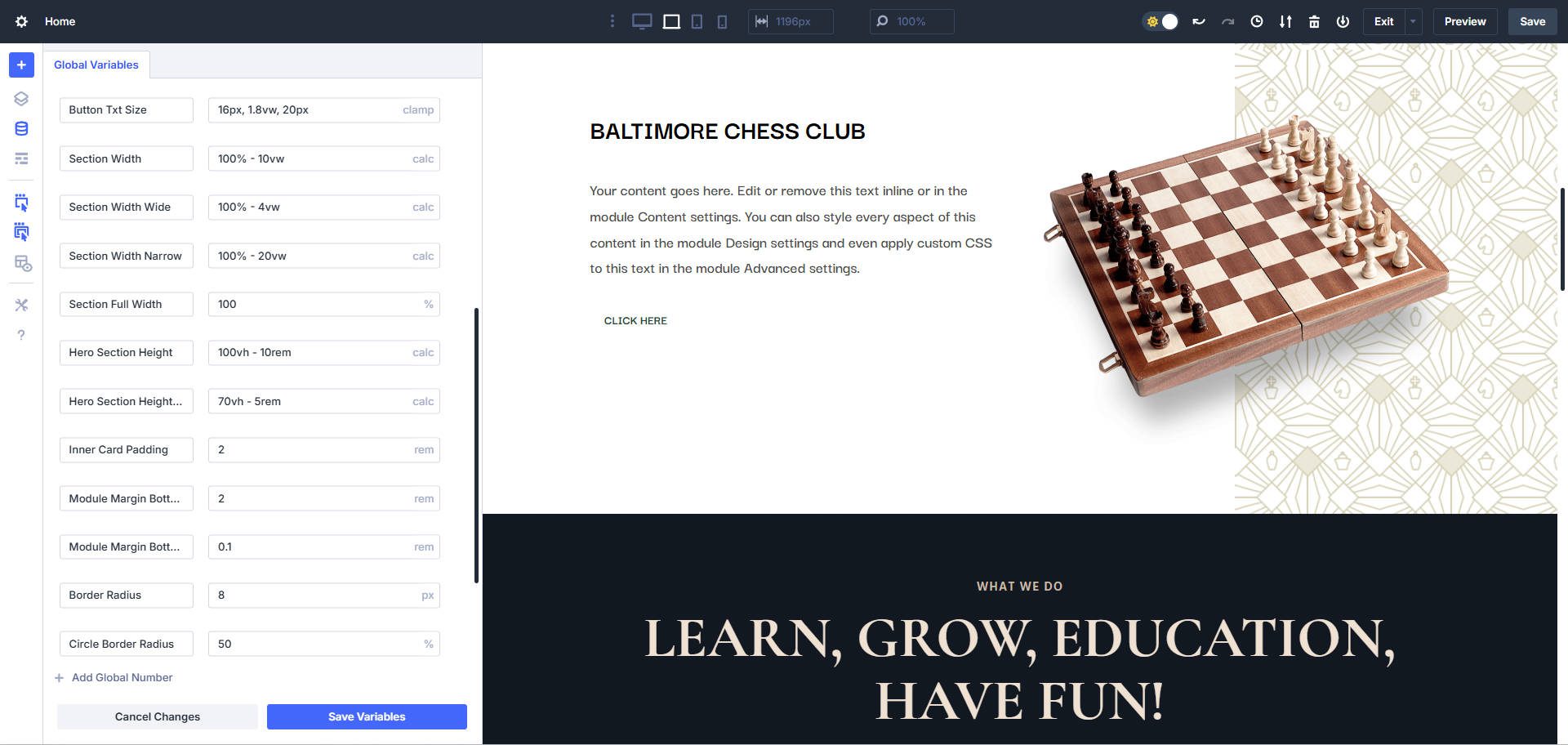 Set Sizing Values as Design Variables For Sections width and height, padding, margin, and border radius)