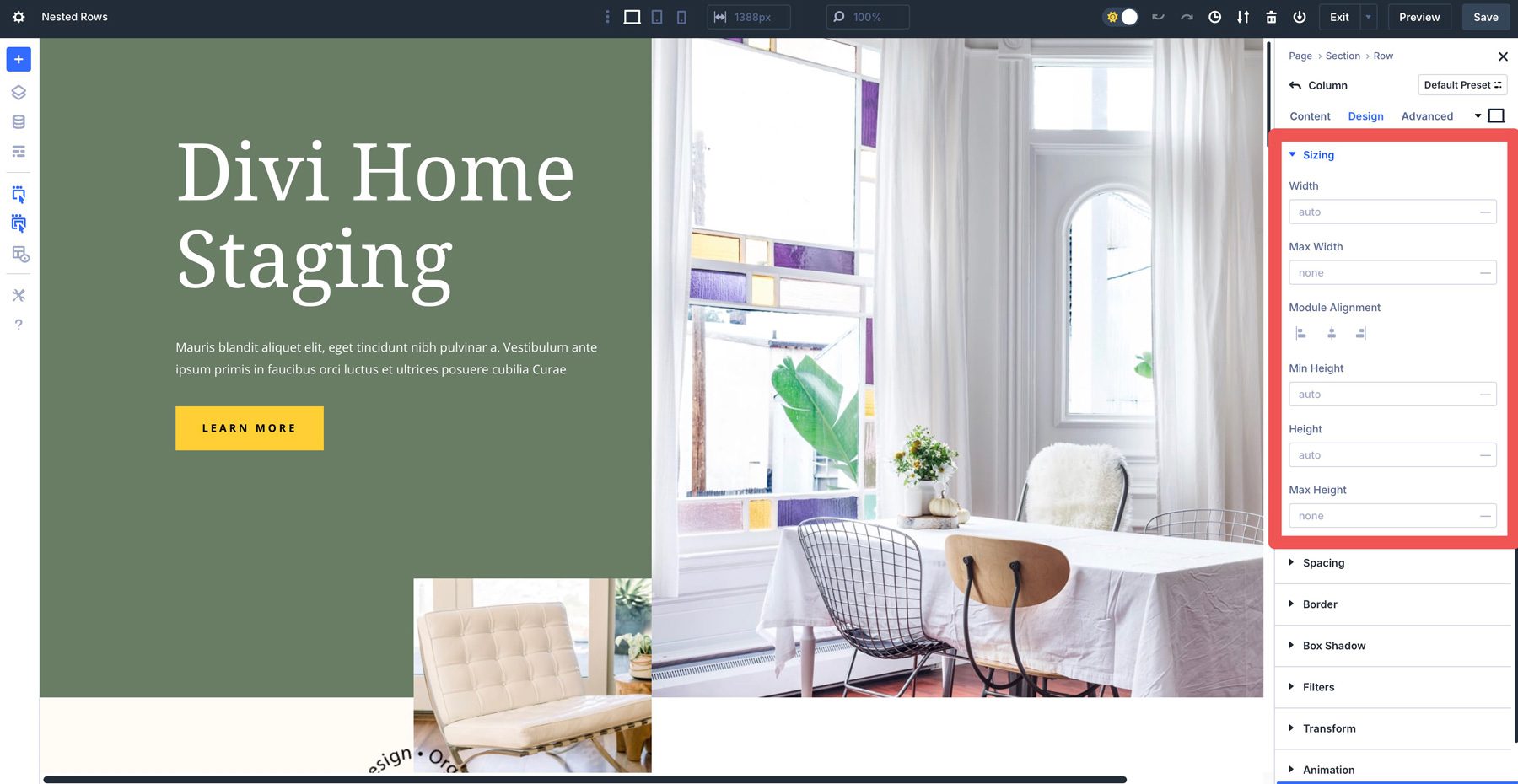 Divi 5 column sizing controls