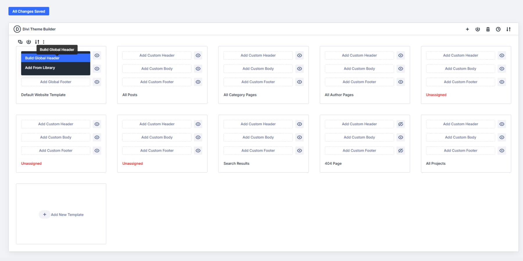 A screenshot of where to add global headers in Divi Theme Builder