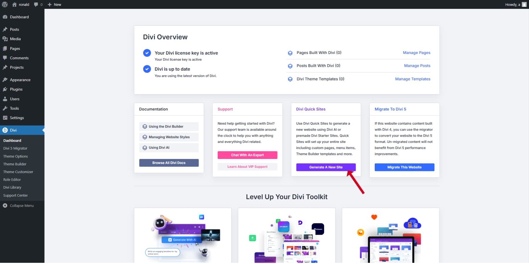A screenshot of where to find Divi Quick Sites' option