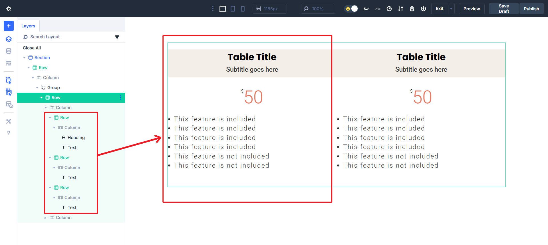 How I recreated a simple pricing table group rows and text modules