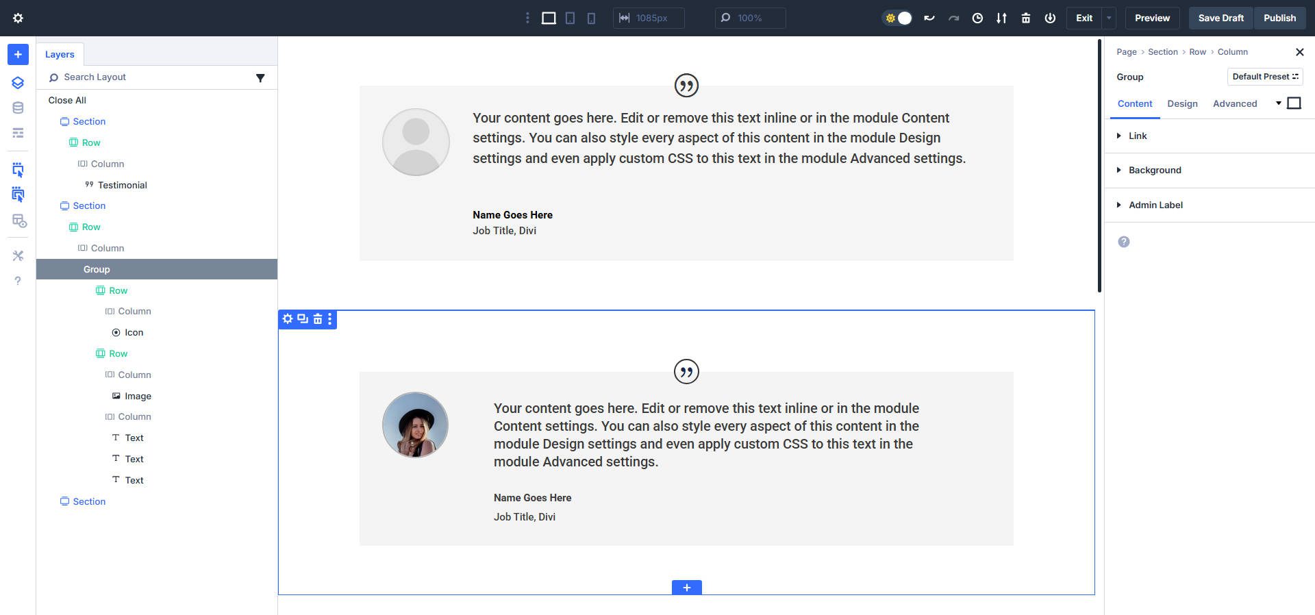 How I recreated a testimonial module with group rows and text modules